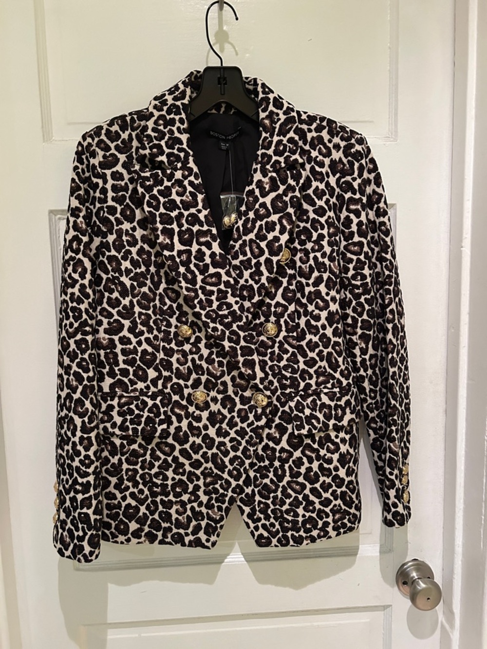 Boston Proper Double-Breasted Leopard Blazer - Black & Cream